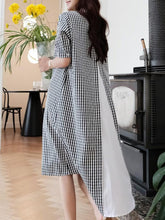 Summer Plaid Split-joint Stand-collar Long Dress
