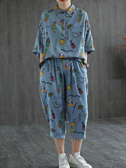 Artistic Retro Cartoon Printed Denim Two Pieces Suits