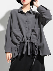 Women Lapel Solid Color Casual Irregular Shirt