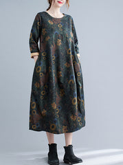Retro Print Round Neck Loose Midi Dress