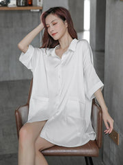 White&Pink Lace-V-Back Silk Imitation Shirt Pajamas