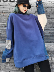 Women Stitching High Neck Pullover Solid Color Sweatshirt