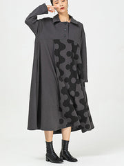 Polka-Dot Lapel Loose Midi Dress
