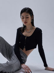 Women Double Zipper Cropped Long Sleeve Jacket