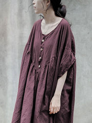 Simple Purple Solid Color Ramie Cotton Long Dress