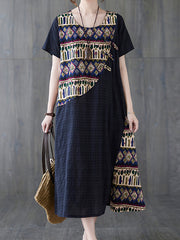 Retro Loose Thin Stitching Short Sleeve Dress