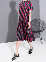Rhomboid Print Pleat Round Neck Dress