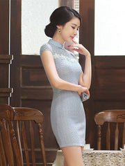 Blue Lace Hollow Short Cheongsam