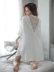 White&Pink Lace-V-Back Silk Imitation Shirt Pajamas