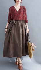 Retro Patchwork Floral V-Neck Lace-Up Midi Dress