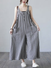 Literary Plaid Sleeveless Casual Loose Jumpsuit