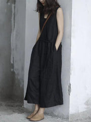 Pure Color Loose Comfortable Lace up Cotton Jumpsuit