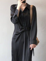 Lapel Solid Color Shirt Midi Dress