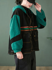 Women Stitching Color Block Plus Fleece Hooded Coat