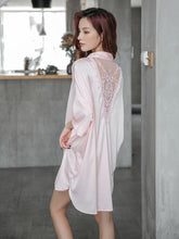 White&Pink Lace-V-Back Silk Imitation Shirt Pajamas