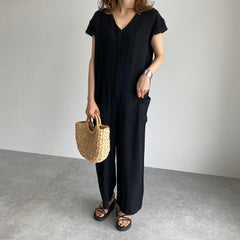 Loose Solid Color V-Neck Jumpsuit