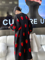 Loose Strawberry Jacquard Knit Midi Dress
