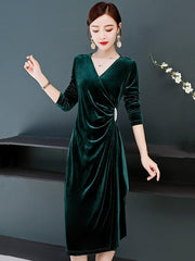 Velvet V-Neck Collect Waist A-Line Midi Dress