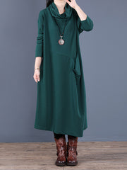 Retro Loose Solid Color Hooded Midi Dress