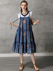 Vintage Denim Embroidery Braces Dress