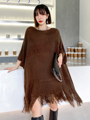 Irregular Fringed Bat Sleeve Loose Casual Sweater Dress