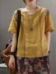 Vintage Embroidered Linen Round Collar T-Shirt