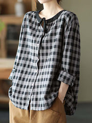 Casual Round Neck Long Sleeve Plaid Shirt