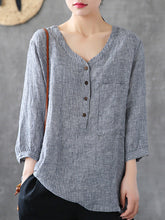 V-Neck Linen Striped Cotton 3/4 Sleeve Shirt