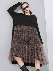 Leopard Splicing Round Collar False Two Midi Dress