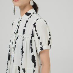 Stand Collar Short Sleeves Printed Maxi Dress