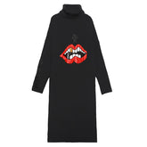 High-Neck Printed Knitting Midi Dress