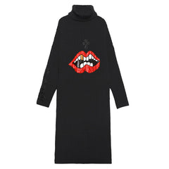 High-Neck Printed Knitting Midi Dress