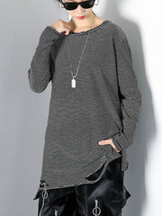 Women Round Neck Pullover Striped Irregular Bottoming Shirt