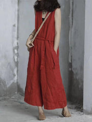Pure Color Loose Comfortable Lace up Cotton Jumpsuit