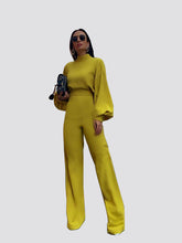 Solid Color High-Neck Long Sleeve Casual Wide-Leg Jumpsuit