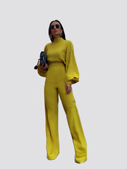 Solid Color High-Neck Long Sleeve Casual Wide-Leg Jumpsuit