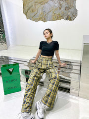 Plaid Drape High Waist Slimming Loose Retro Casual Pants