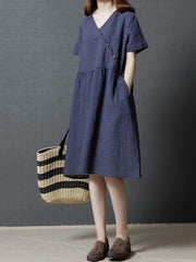 Plaid Loose Ramie Cotton Linen Long Dress