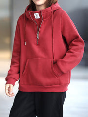 Zipper Solid Hooded Thick Sweatshirt