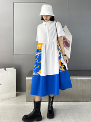 Loose Printed Lapel Short Sleeves Maxi Dress