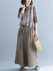Lapel Striped Blouse&Solid Wide Leg Pants Suits