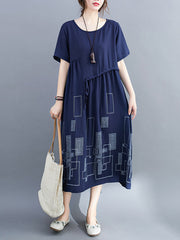 Women Round Neck Print Stitching Dress