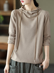 Solid Color Pit Striped Hooded Loose T-Shirt