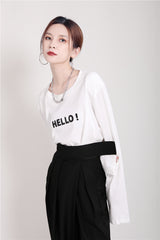 Women Letter Print Long Sleeve Irregular Casual T-Shirt