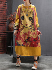 Retro Cartoon Print Round Neck Loose Midi Dress