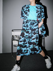 Women Printed Short Sleeve Shirt Over Knee Skirt Suit