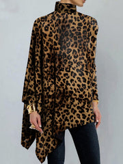 Long Sleeves Loose Leopard Printed High Neck T-Shirts