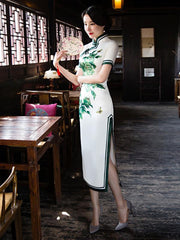 Green Flower Side Split Long Cheongsam