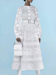 Women Round Neck Lantern Sleeve Hollow Dress