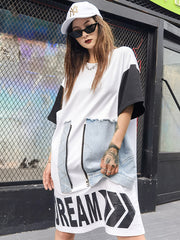 Letter Print Stitching Short Sleeve Loose Dress